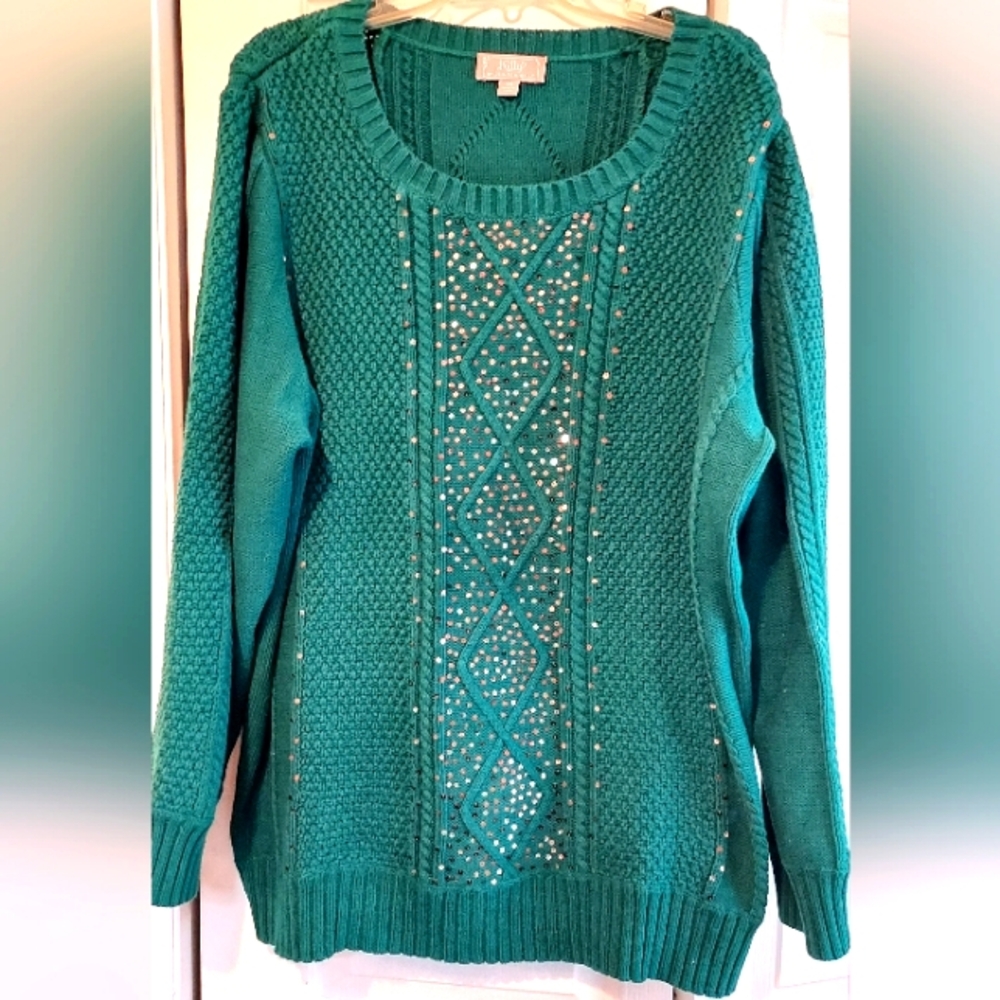 Clinton Kelly Sweater Womens 3X Chunky Knit Green Gold Sequin Bling Holiday READ